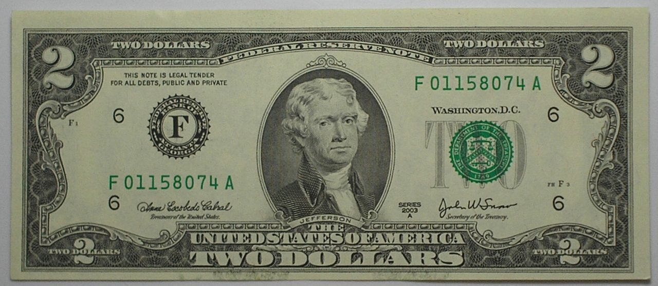 | Casa do Colecionador Estados Unidos / 2 Dollars - 2003-a / Flor de Estampa / Selo Verde - Letra F / Jefferson - 8074