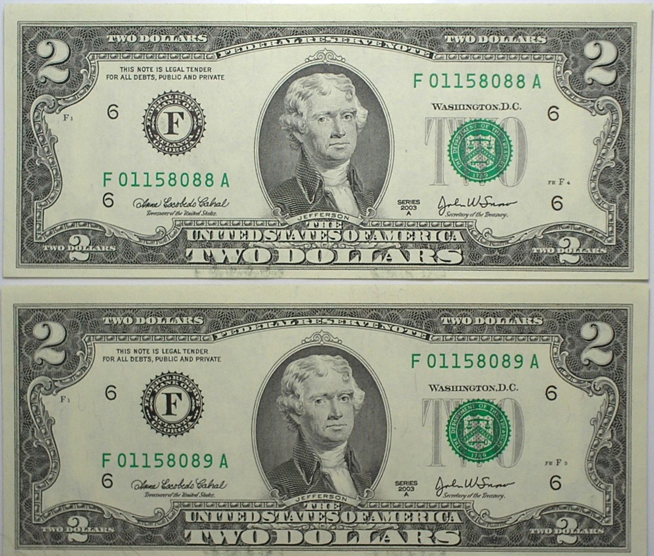| Casa do Colecionador Estados Unidos / 2 Dollars - 2003-a / Flor de Estampa / Selo Verde - Letra F / Jefferson - Duas cédulas 8088-8089