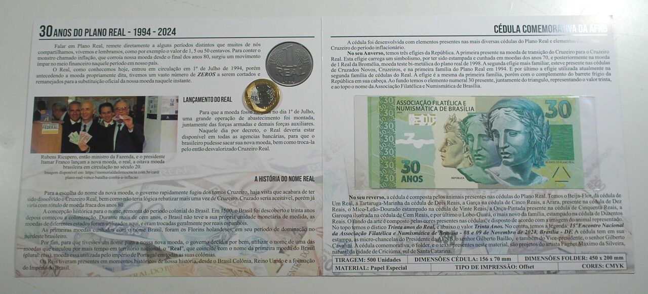 | Casa do Colecionador . Folder com Cédula e Moeda da Associação Numismática e Filatélica de Brasília Representando os 30 anos do Plano Real - 1994 a 2024 / Flor de Estampa e Flor de Cunho