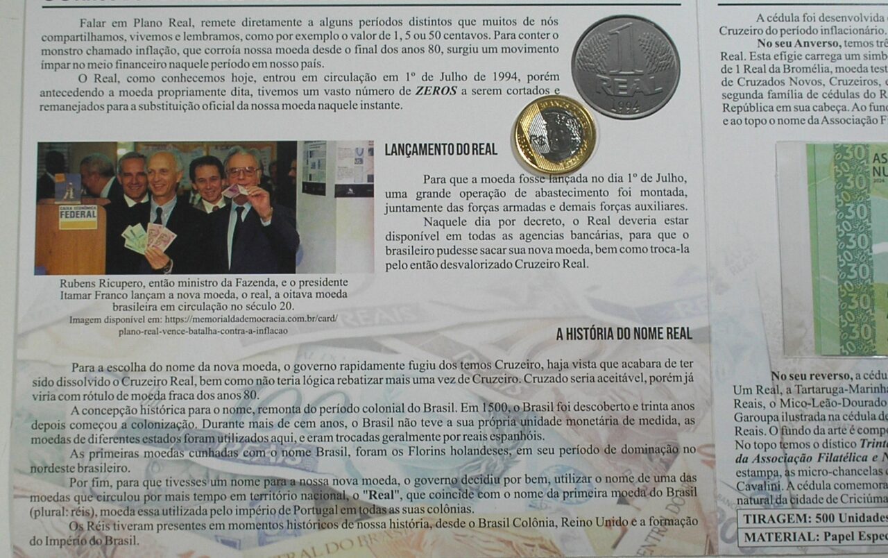 | Casa do Colecionador . Folder com Cédula e Moeda da Associação Numismática e Filatélica de Brasília Representando os 30 anos do Plano Real - 1994 a 2024 / Flor de Estampa e Flor de Cunho