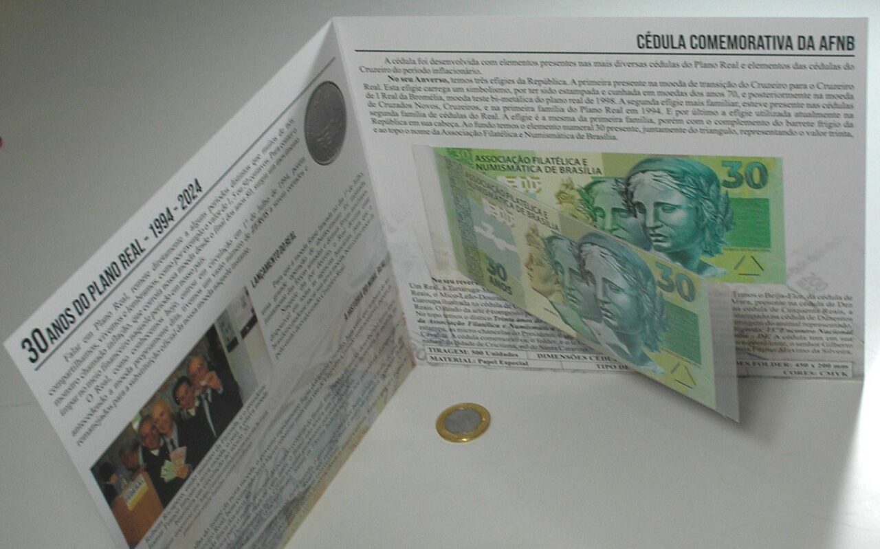 | Casa do Colecionador . Folder com Cédula e Moeda da Associação Numismática e Filatélica de Brasília Representando os 30 anos do Plano Real - 1994 a 2024 / Flor de Estampa e Flor de Cunho