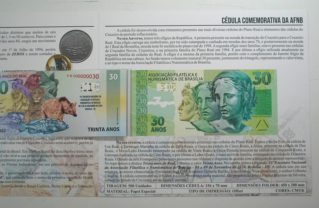| Casa do Colecionador . Folder com Cédula e Moeda da Associação Numismática e Filatélica de Brasília Representando os 30 anos do Plano Real - 1994 a 2024 / Flor de Estampa e Flor de Cunho