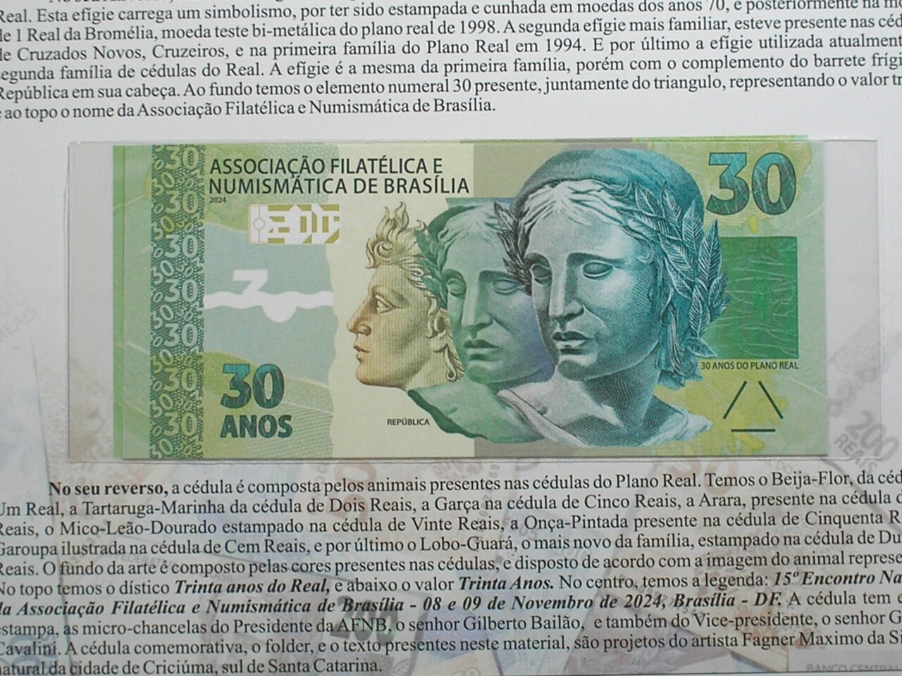 | Casa do Colecionador . Folder com Cédula e Moeda da Associação Numismática e Filatélica de Brasília Representando os 30 anos do Plano Real - 1994 a 2024 / Flor de Estampa e Flor de Cunho