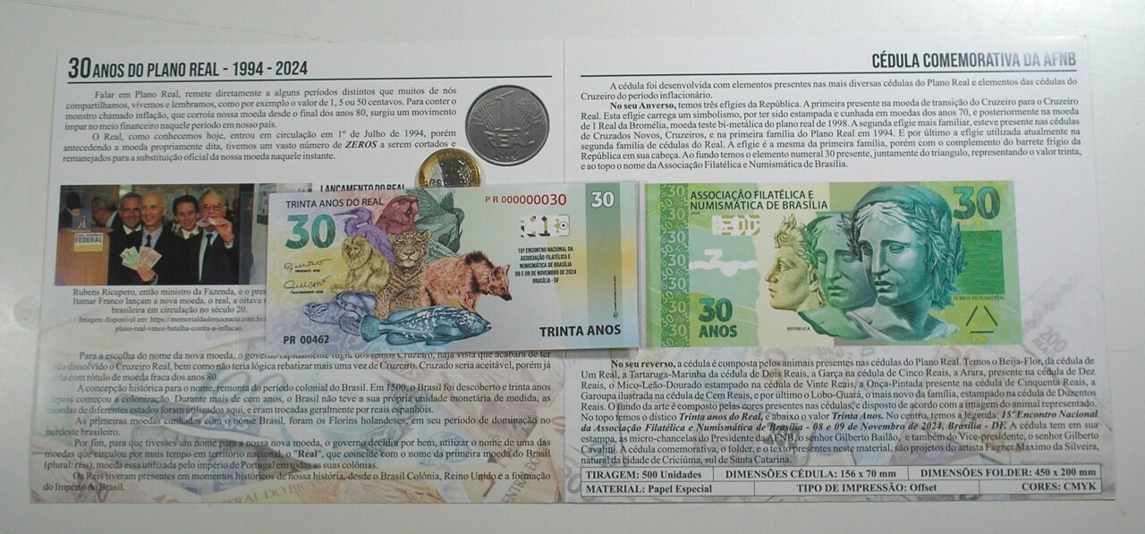 | Casa do Colecionador . Folder com Cédula e Moeda da Associação Numismática e Filatélica de Brasília Representando os 30 anos do Plano Real - 1994 a 2024 / Flor de Estampa e Flor de Cunho