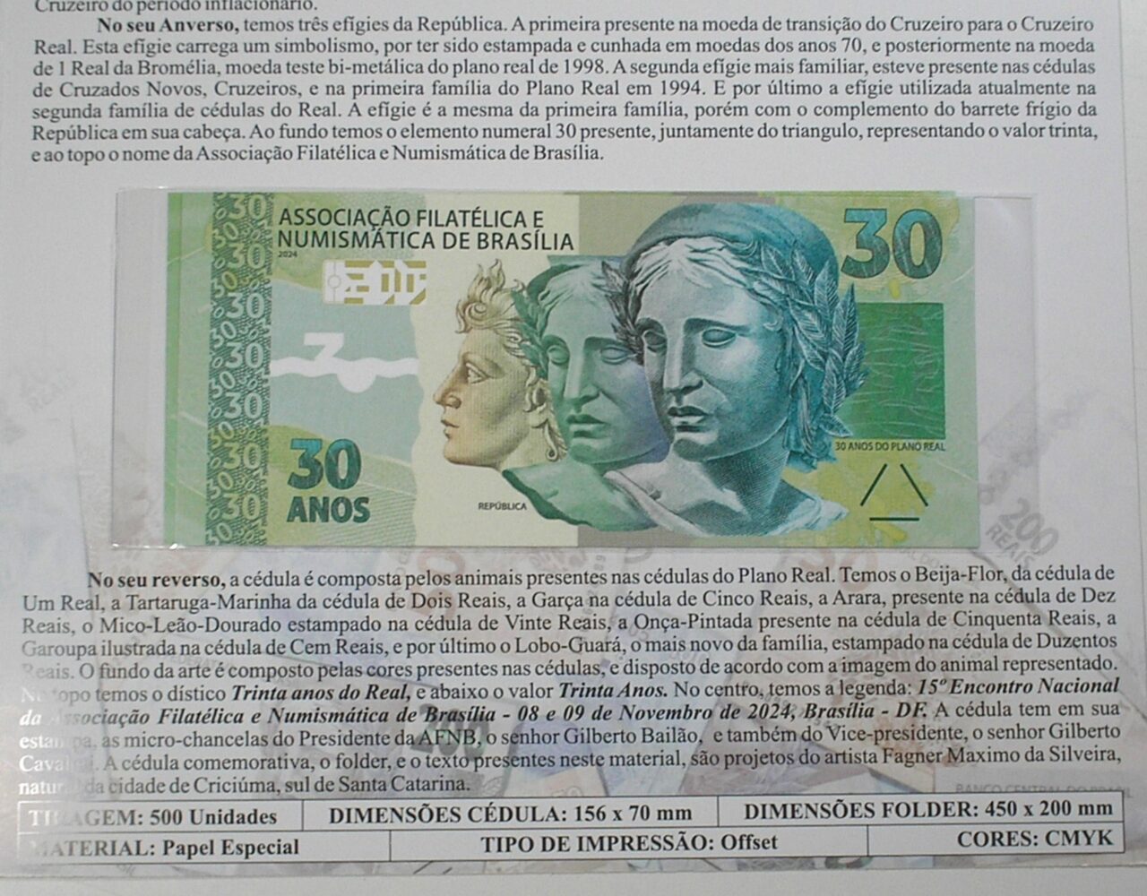 | Casa do Colecionador . Folder com Cédula e Moeda da Associação Numismática e Filatélica de Brasília Representando os 30 anos do Plano Real - 1994 a 2024 / Flor de Estampa e Flor de Cunho