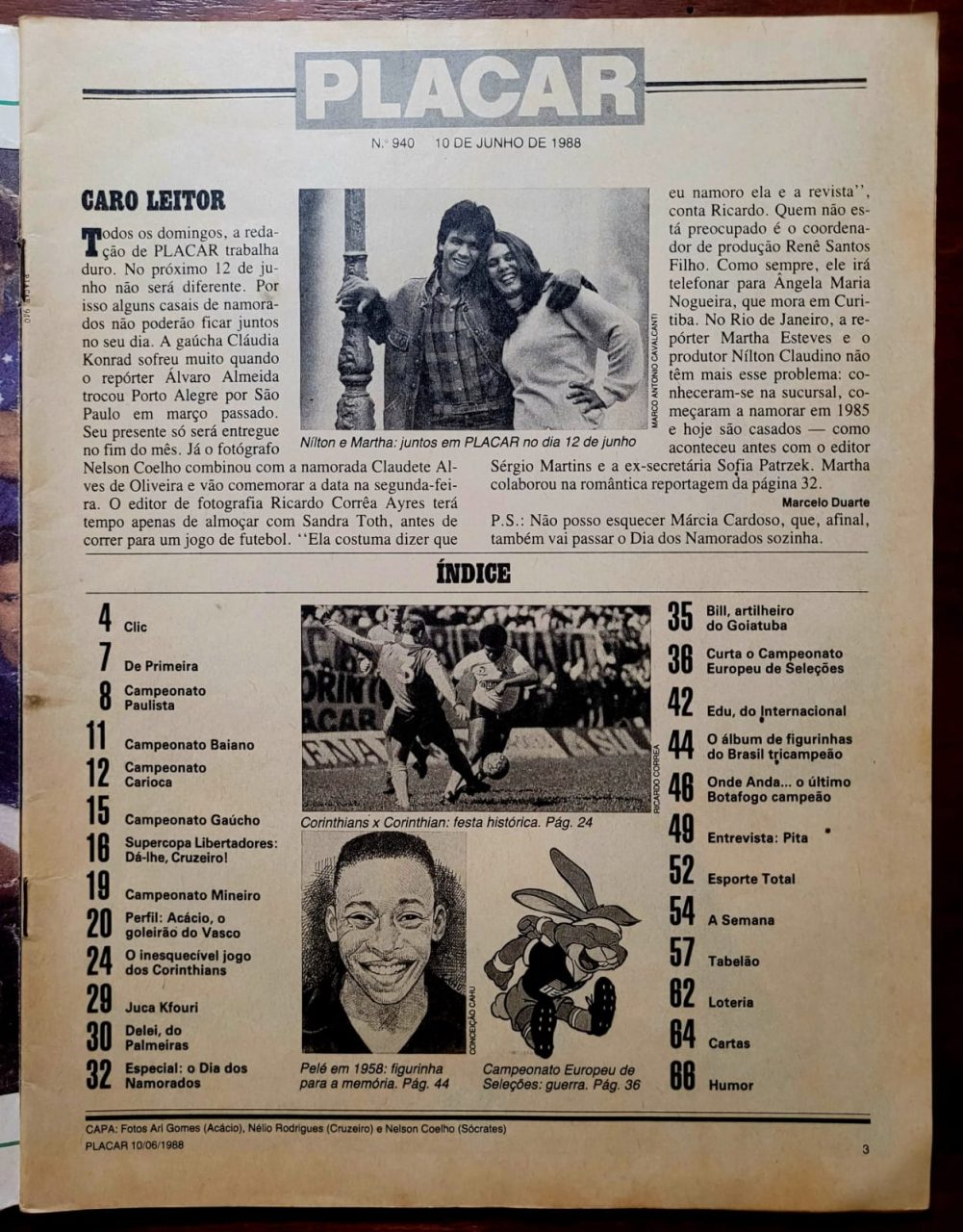 | Casa do Colecionador Placar Nº 0940 - 1988 | Acácio, Cruzeiro Finalista e Especial da Copa de 1958