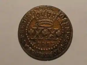 - Variante Rara - XX Hastes Invertidas // XX Réis - 1814 R // Data Emendada de 1813 // 36 Perolas // Mbc // cobre