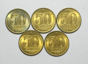 50 Centavos - 1956 = Ponto entre 50 e Ponto na face / Raras / Soberbas/Fc