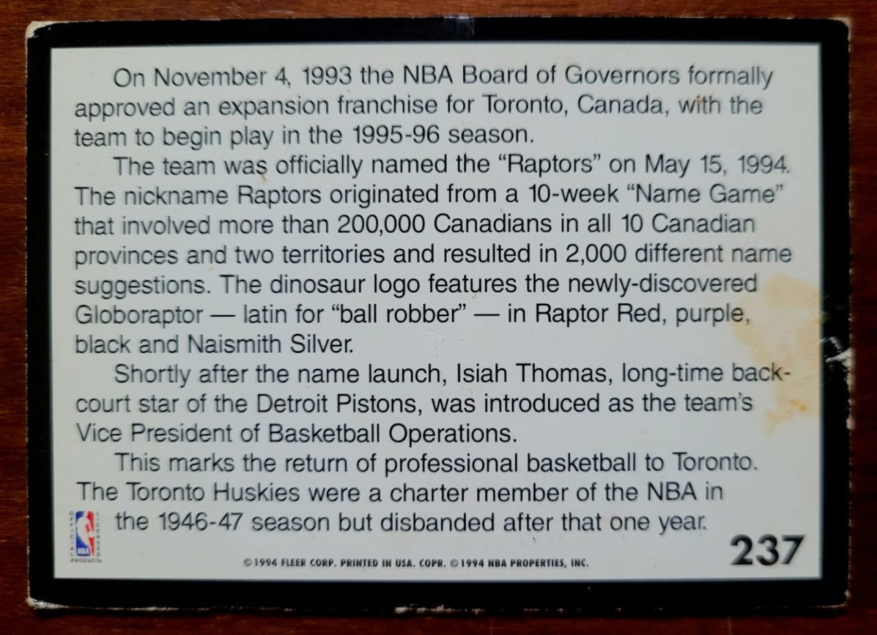 | Casa do Colecionador Card Basquete - Fleer Temporada 1994/1995 - Toronto Raptors