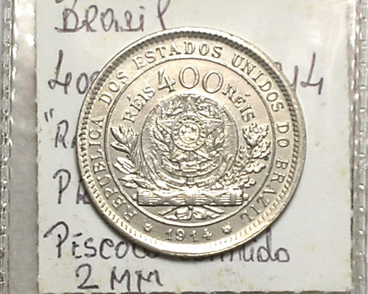 | Casa do Colecionador 400 Réis - 1914 / Lex - Prova / Pescoço Comprido 2 milimetros / Flor de Cunho / box70