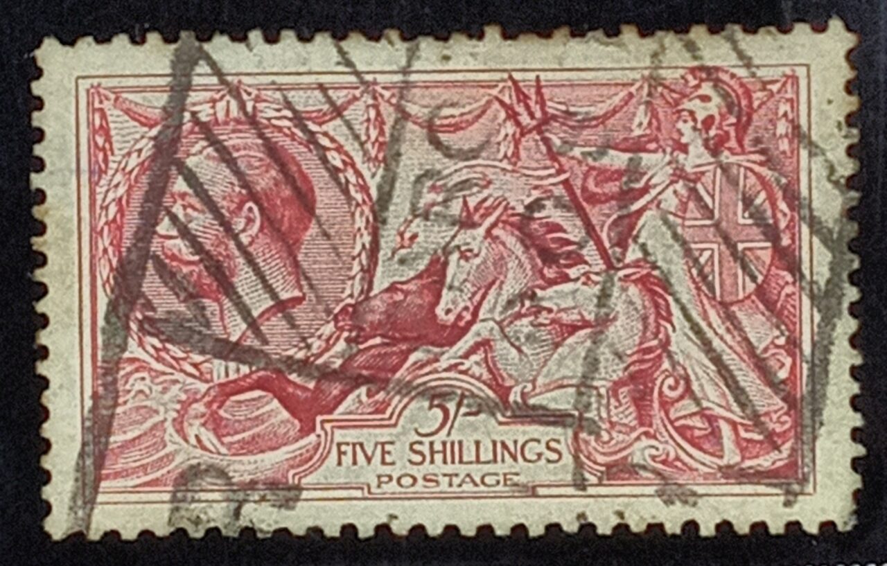 | Casa do Colecionador GRÃ BRETANHA - selo stamp Scott #180 5 Sh Britannia Rule The Waves, Wmk 34, usado, 1919, 11x12