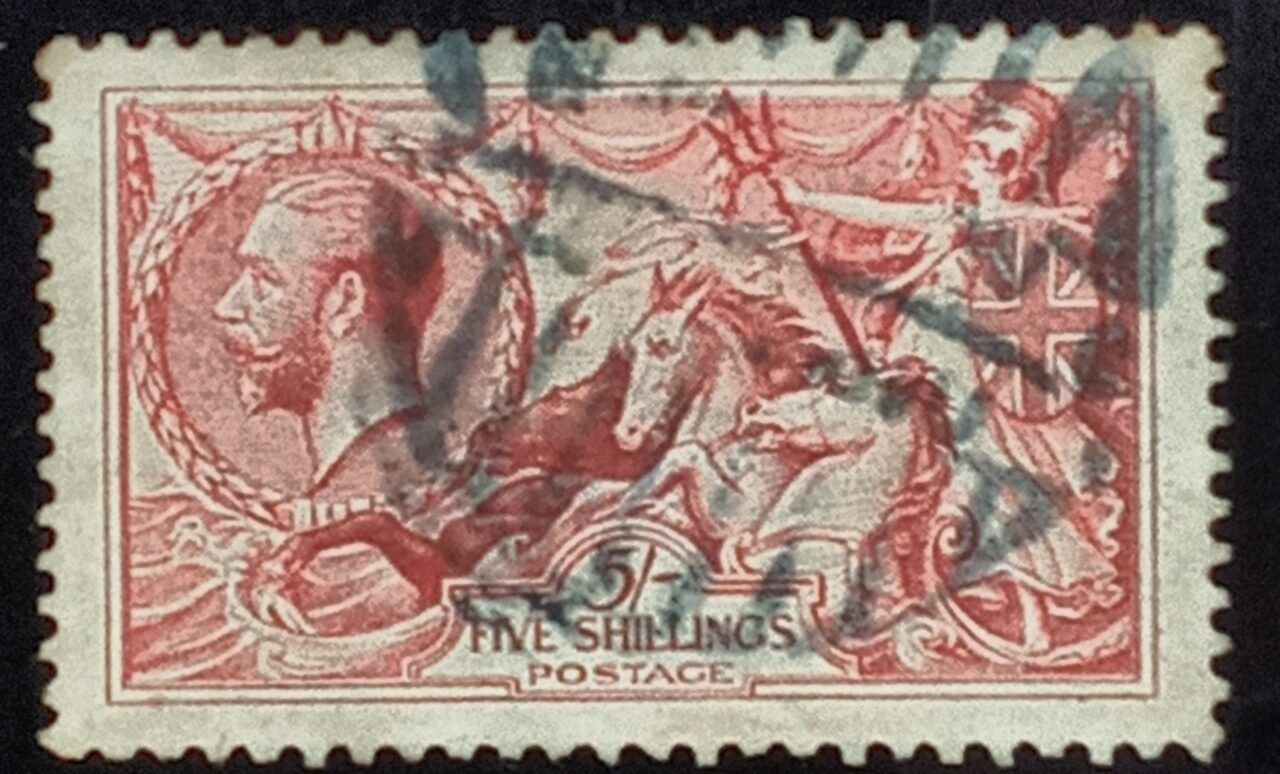 | Casa do Colecionador GRÃ BRETANHA - selo stamp Scott #180 5 Sh Britannia Rule The Waves, Wmk 34, usado, 1919, 11x12
