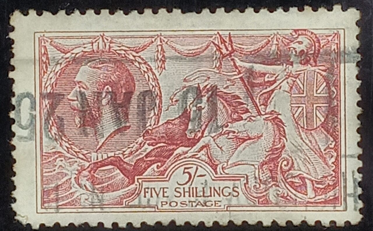 | Casa do Colecionador GRÃ BRETANHA - selo stamp Scott #180 5 Sh Britannia Rule The Waves, Wmk 34, usado, 1919, 11x12