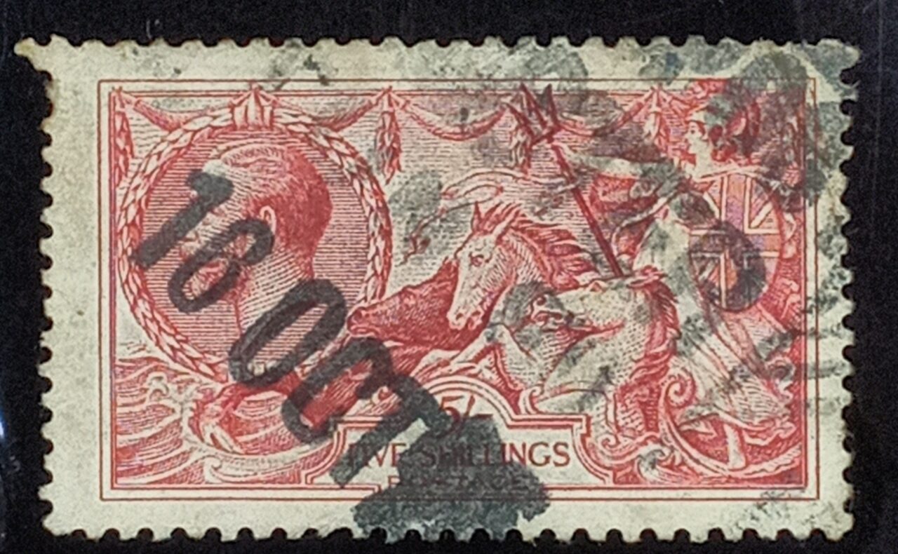 | Casa do Colecionador GRÃ BRETANHA - selo stamp Scott #180 5 Sh Britannia Rule The Waves, Wmk 34, usado, 1919, 11x12