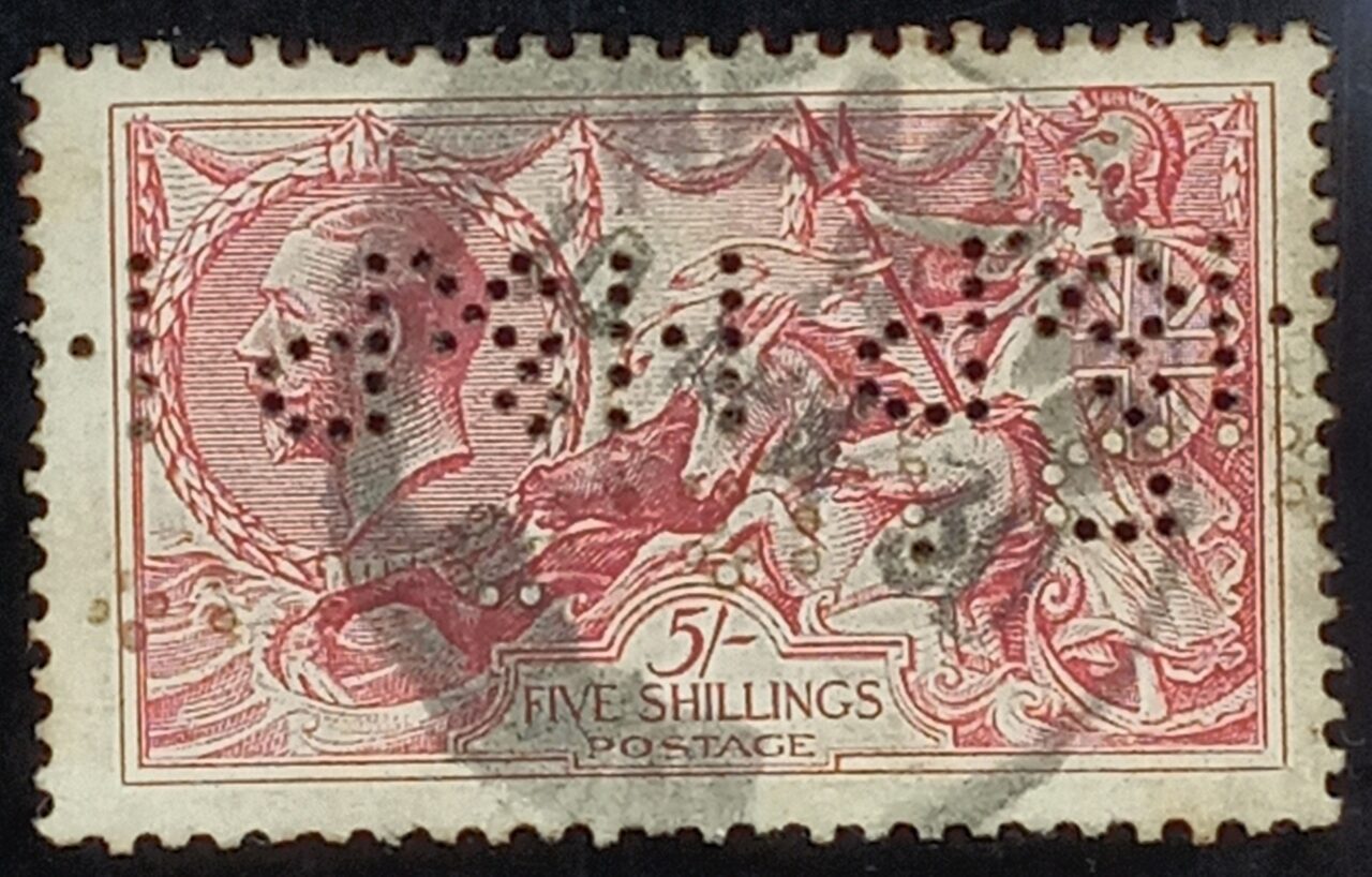 | Casa do Colecionador GRÃ BRETANHA - selo stamp Scott #180 5 Sh Britannia Rule The Waves, Wmk 34, usado, 1919, 11x12