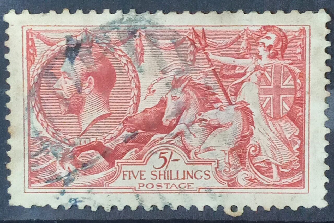 | Casa do Colecionador GRÃ BRETANHA - selo stamp Scott #180 5p Britannia Rule The Waves, Wmk 34, usado, 1919, 11x12