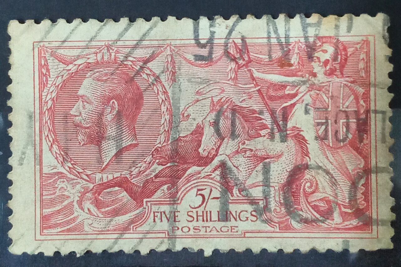 | Casa do Colecionador GRÃ BRETANHA - selo stamp Scott #180 5p Britannia Rule The Waves, Wmk 34, usado, 1919, 11x12