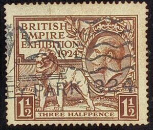 GRÃ BRETANHA - selo stamp Scott #186 1 1/2 p BRITISH EMPIRE EXHIBITION 1924, Wmk 35 , 14