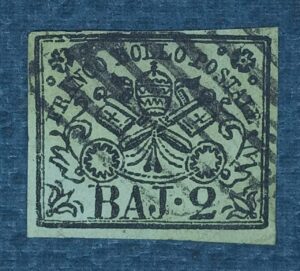 ITALIA - ESTADO PAPAL - selo stamp Scott #3 2Baj BRASÃO 1852 Unwmk
