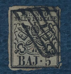ITALIA - ESTADO PAPAL - selo stamp Scott #6 5Baj BRASÃO 1852 Unwmk