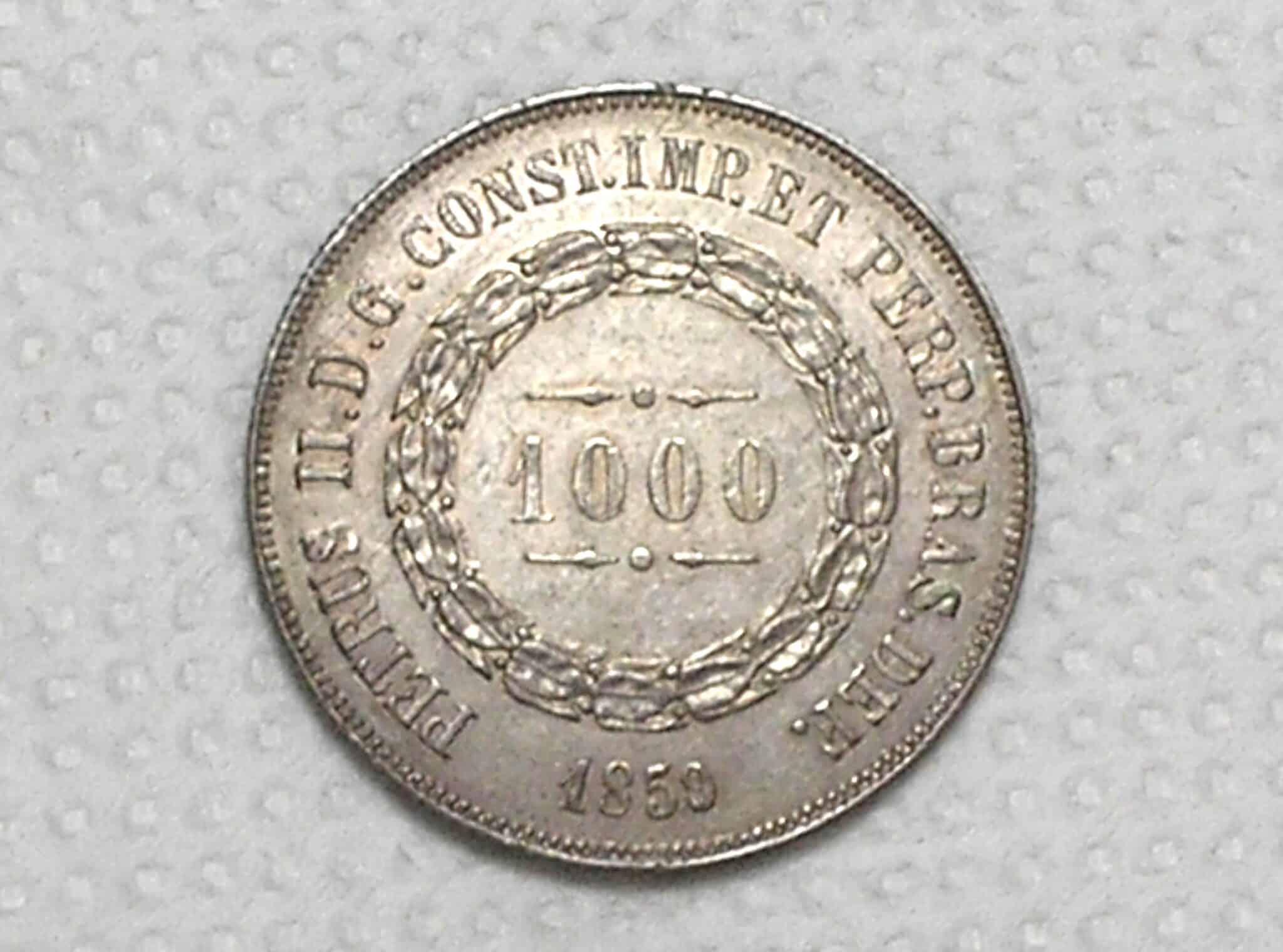 | Casa do Colecionador 1.000 Réis - 1859 / Data 9 pequeno / Império / Sob/Fc / Prata / Cod.Alb