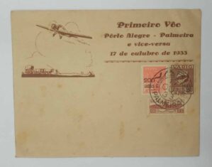 BRASIL- AÉREO- VARIG - Envelope PRIMEIRO VÔO - PORTO ALEGRE - PALMEIRAS - SELO RHM #V30 + 200reis + 100reis 1933