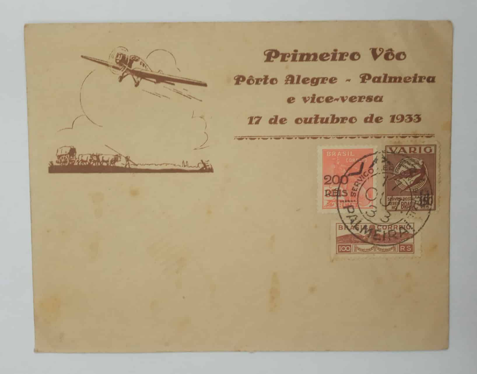 | Casa do Colecionador BRASIL- AÉREO- VARIG - Envelope PRIMEIRO VÔO - PORTO ALEGRE - PALMEIRAS - SELO RHM #V30 + 200reis + 100reis 1933