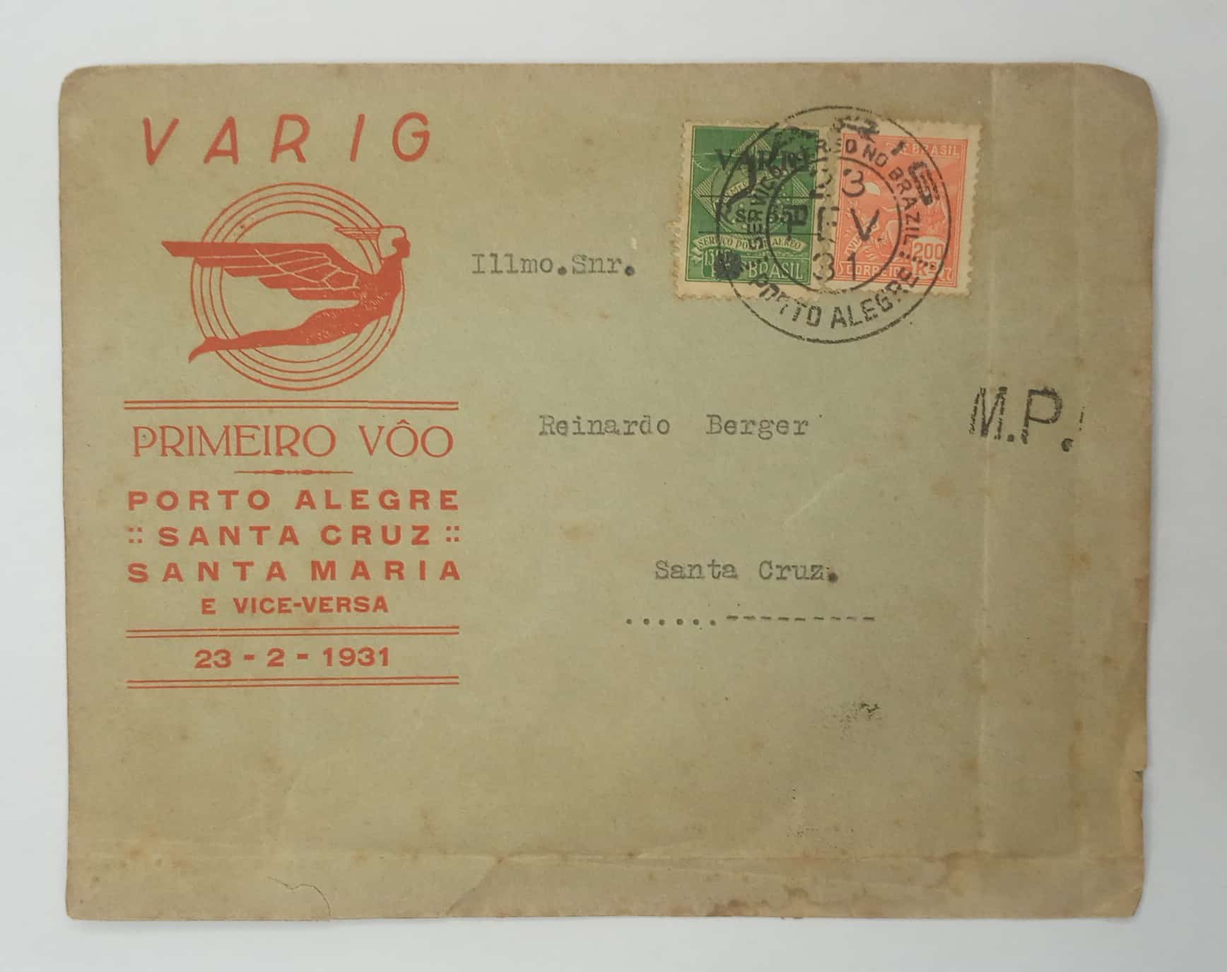 | Casa do Colecionador BRASIL- AÉREO- VARIG - Envelope PRIMEIRO VÔO - PORTO ALEGRE - SANTA CRUZ - SANTA MARIA SELO RHM #V06 + 200reis 1931
