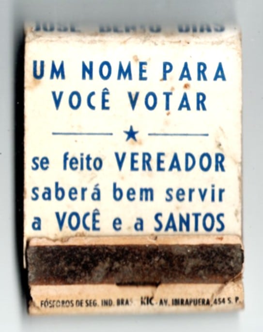 | Casa do Colecionador Caixa De Fosforos Vereador Jose Bento Dias - Santos SP - Anos 50 - Filuminismo