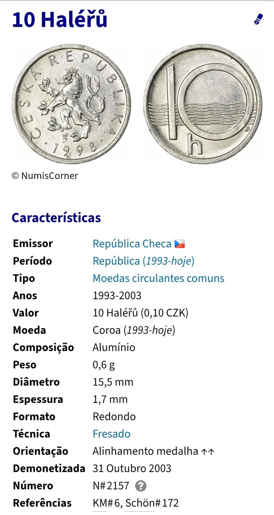 | Casa do Colecionador Moedas do mundo República Checa Sku 2328