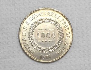1.000 Réis - 1861 / Metde da Coroa Esquerda com pérolas e Direita em chamas / Escassa - Raro no estado / Império / * Flor de Cunho - Brilho original do cunho / Prata / Cod.Alb