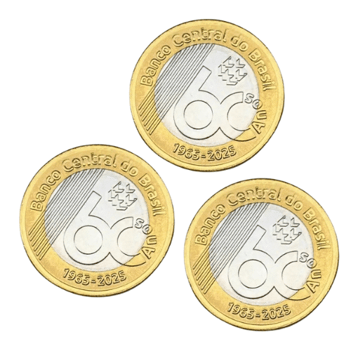 | Casa do Colecionador Kit 3 Moedas 1 Real 60 Anos Banco Central 2025 FC. Retiradas do Sachê
