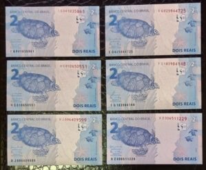 Kit com 6 Cédulas de 2 Reais FE