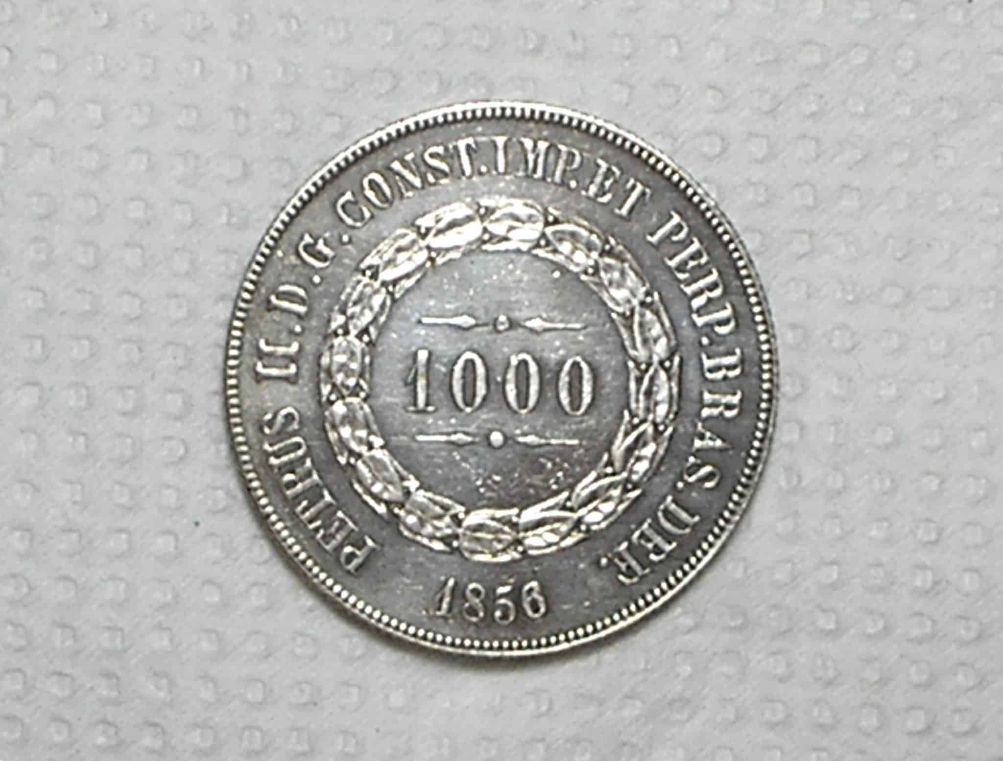 | Casa do Colecionador 1.000 Réis – 1856 / Ponto Entre Zeros / Data Emendada / Soberba / Prata / cod.450.2