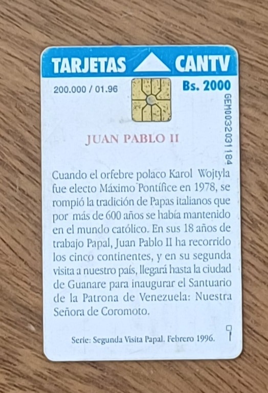 | Casa do Colecionador Cartão telefone Venezuela Cantv. Papa João Paulo II.
