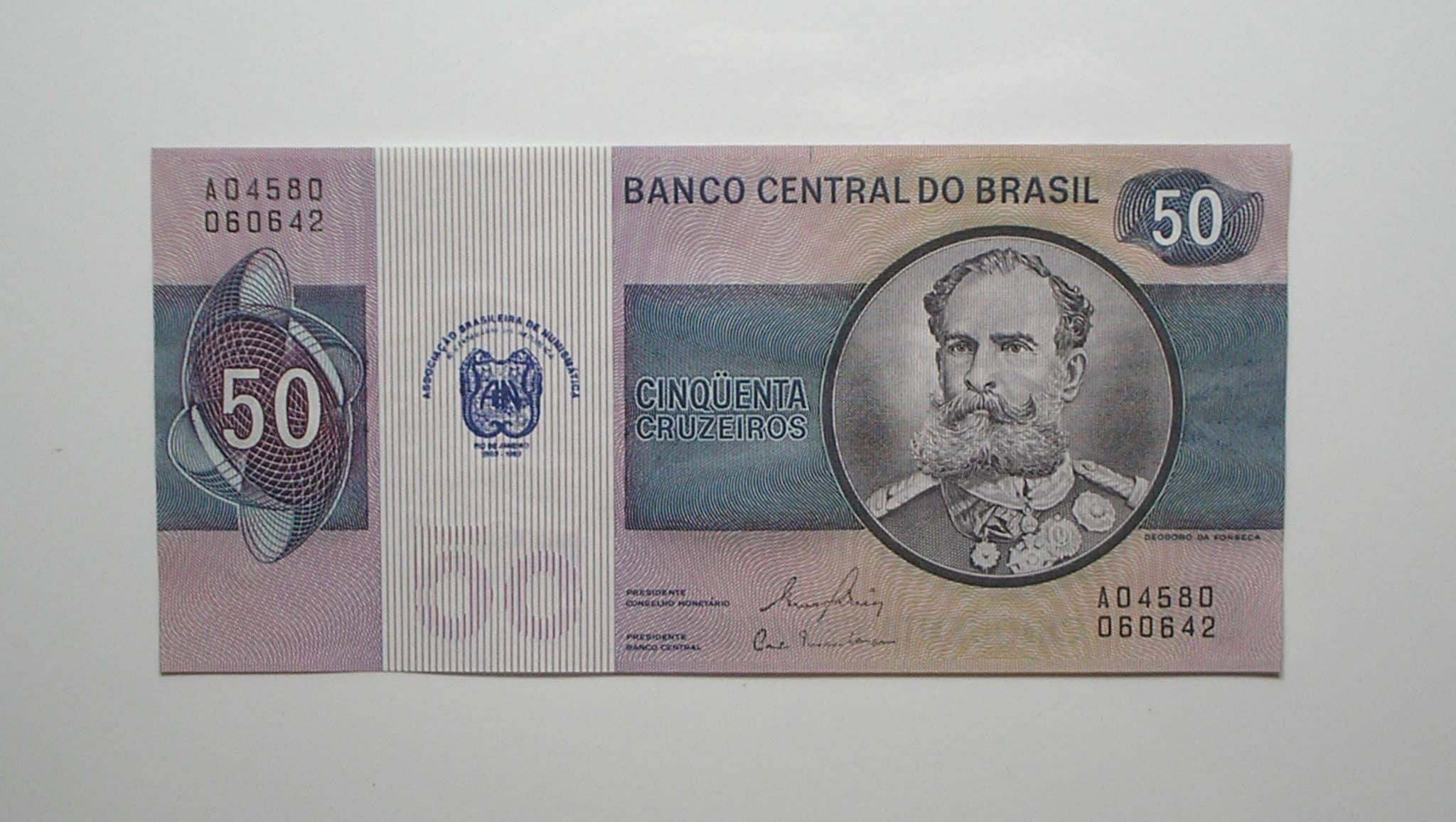 | Casa do Colecionador Duas cédulas de 50 Cruzeiros com carimbo da ABN comemorativas 1889/1989 / Flor de Estampa