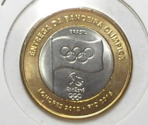Moeda de R$ 1,00 Real - 2012 Comemorativa da Entrega Da Bandeira Olímpica No coin Mylar Holder / Bi-metal / Flor de Cunho Total