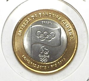 Moeda de R$ 1,00 Real - 2012 Comemorativa da Entrega Da Bandeira Olímpica No coin Mylar Holder / Bi-metal / Flor de Cunho Total