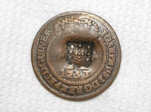 X Réis - 1753 / Cunhadas para o Brasil e Guiné / Rex.Pet.D.Guinéae / Escudete - 45 Pérolas / Mbc / Escassa / Cobre / cod.420
