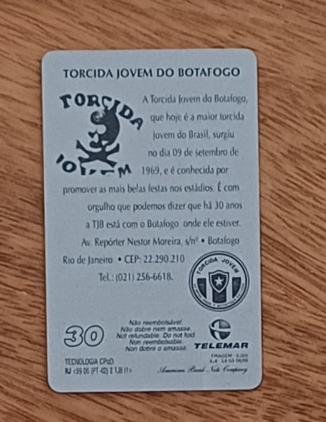 | Casa do Colecionador Cartão telefone Brasil Telemar RJ 1999. Futebol botafogo torcida jovem.