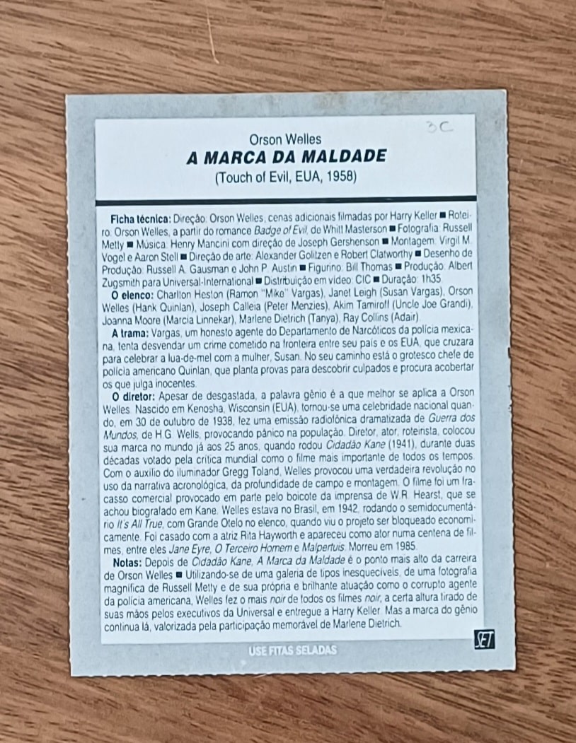 | Casa do Colecionador Cartão coleção Set. Ficha filme A marca da maldade 1968.