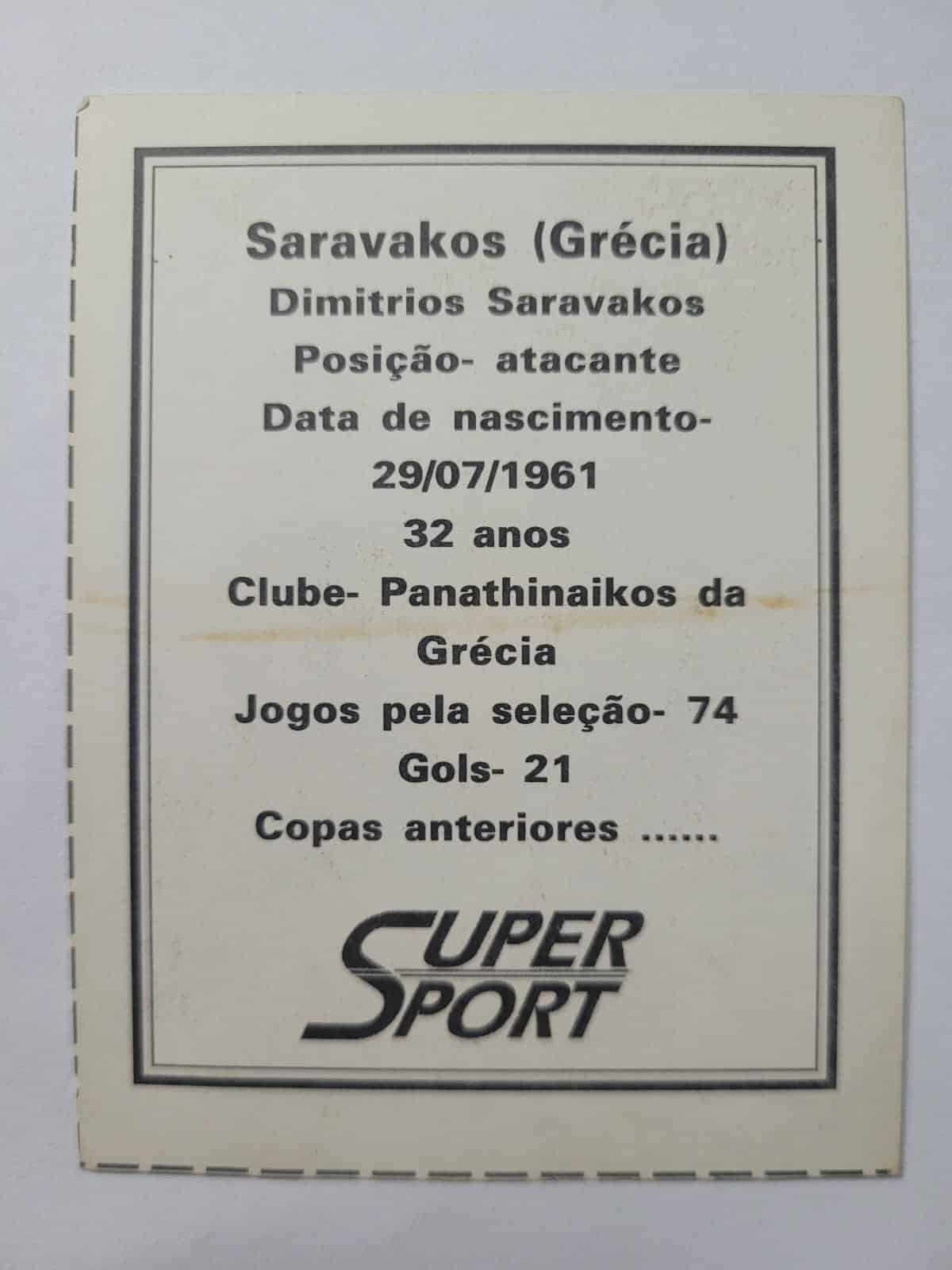 | Casa do Colecionador Card Copa do Mundo 1994 | Grécia | Saravakos | Brinde da Revista Super Sport