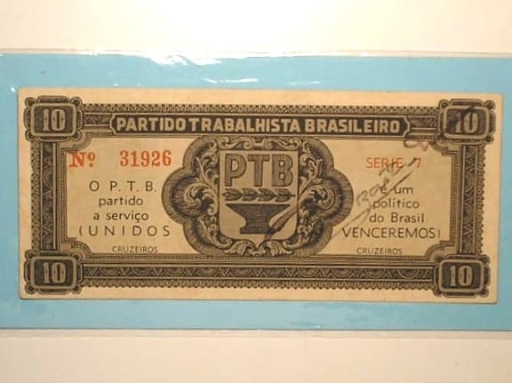 | Casa do Colecionador Cédula Particular do PTB no valor de 10 Cruzeiros - 1946 ( Com chancela) - Peça escassa / *Soberba lindíssima / Cod.47a