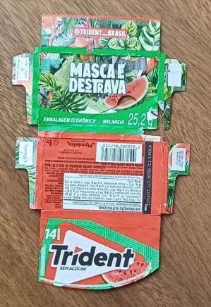 Embalagem vazia caixinha chiclete Trident Masca e destrava MPB. Melancia.