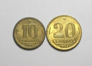10 e 20 Centavos - 1955 Jose Bonifácio e Rui Barbosa / Flor de cunho