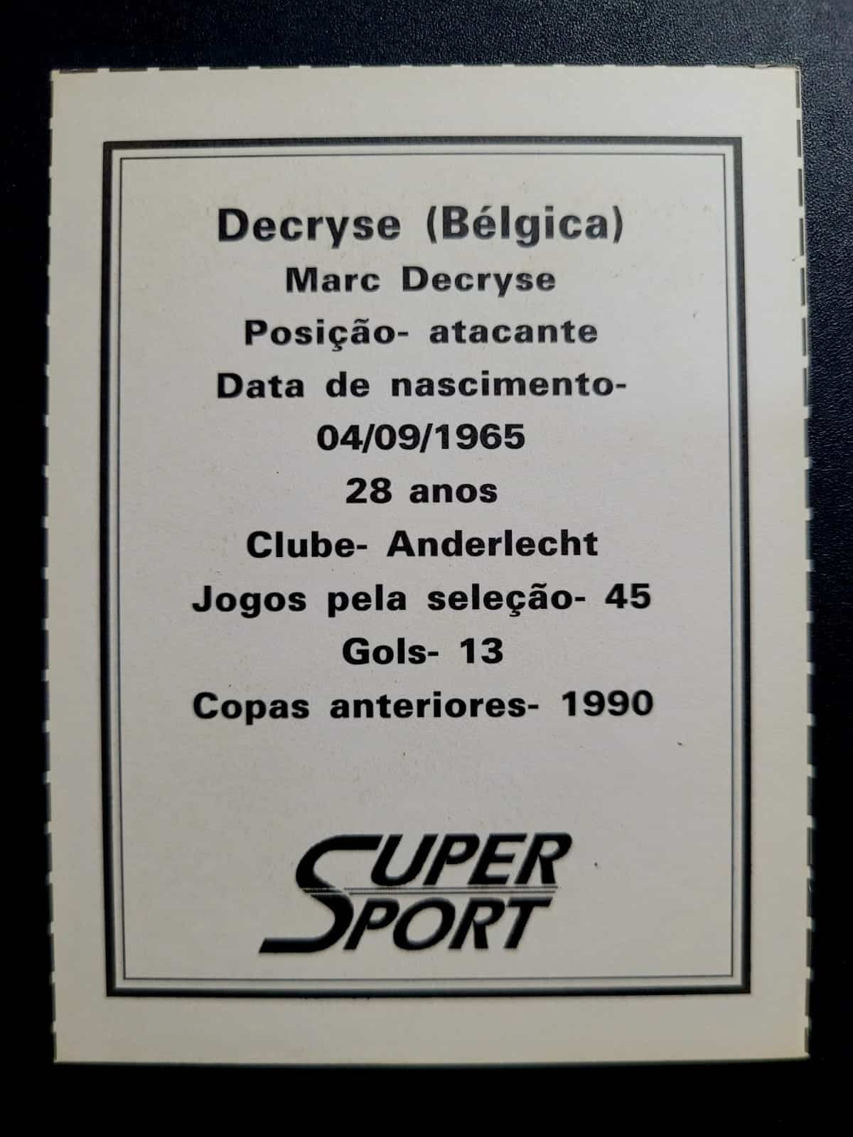 | Casa do Colecionador Card Copa do Mundo 1994 | Bélgica | Marc Decryse | Brinde da Revista Super Sport