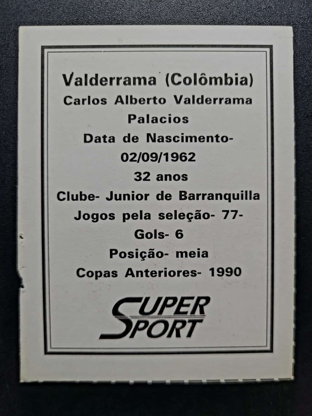 | Casa do Colecionador Card Copa do Mundo 1994 | Colômbia | Valderrama | Brinde da Revista Super Sport