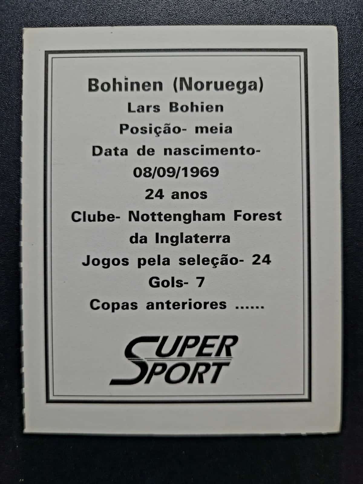| Casa do Colecionador Card Copa do Mundo 1994 | Noruega | Bohinen | Brinde da Revista Super Sport