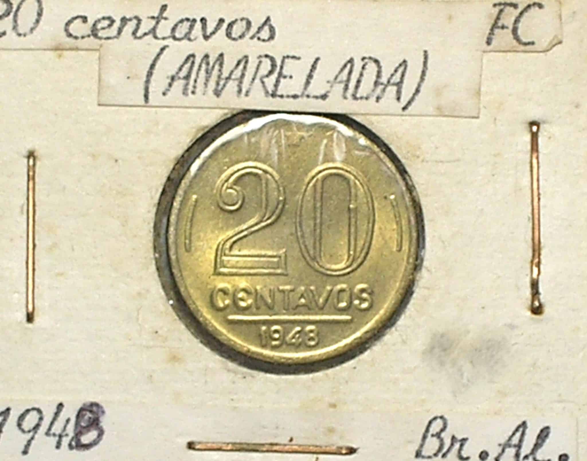 | Casa do Colecionador 20 Centavos - 1948 / Ateção: A última da série do Getúlio em Flor de Cunho / Raro nesse estado / Broze e Aluminio