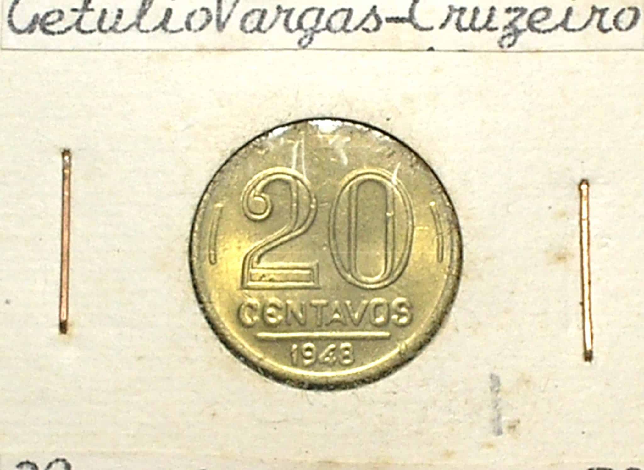 | Casa do Colecionador 20 Centavos - 1948 / Ateção: A última da série do Getúlio em Flor de Cunho / Raro nesse estado / Broze e Aluminio